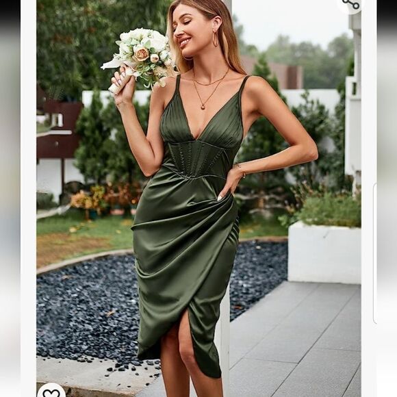 Silky Pleated Draped Bustier Corset-style Midi Dress Medium - Picture 1 of 16